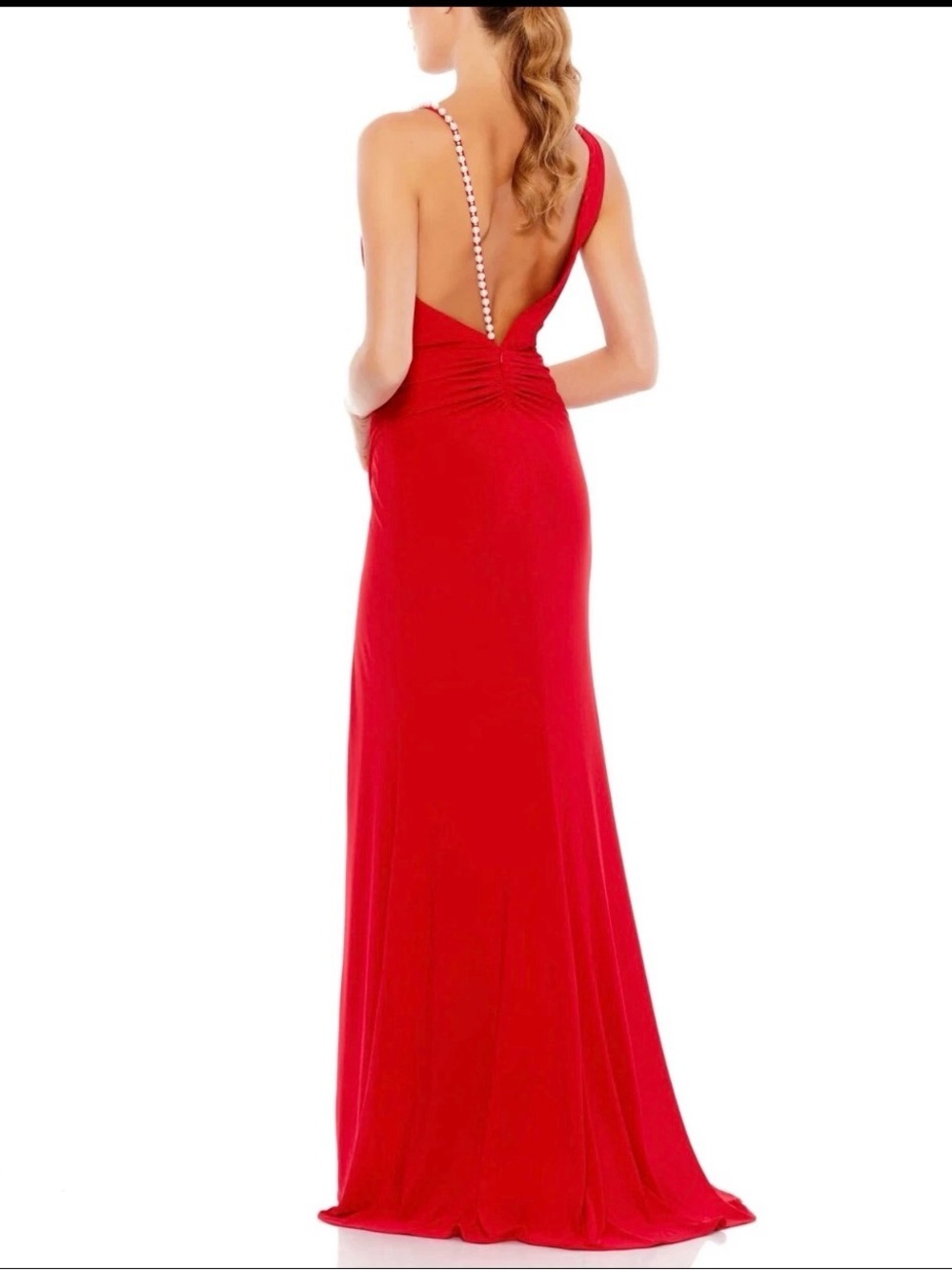 Mac Duggal Red V-Neck Maxi Gown with Embellished Straps